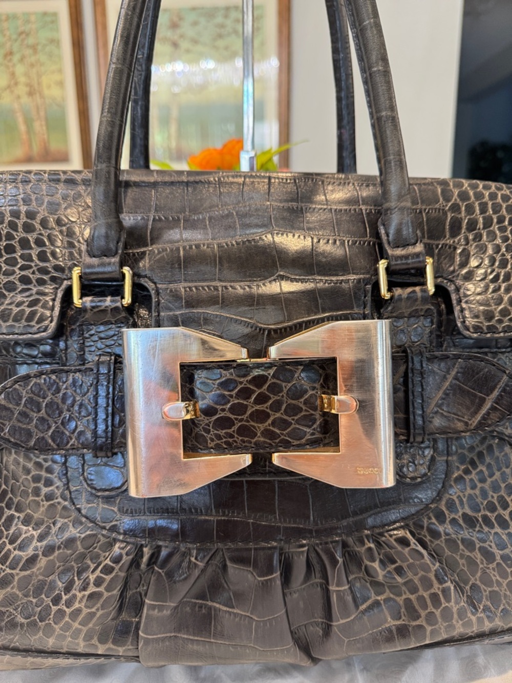 Authentic Gucci Dialux Queen Black Croc-Embossed Leather Satchel - Picture 3 of 13
